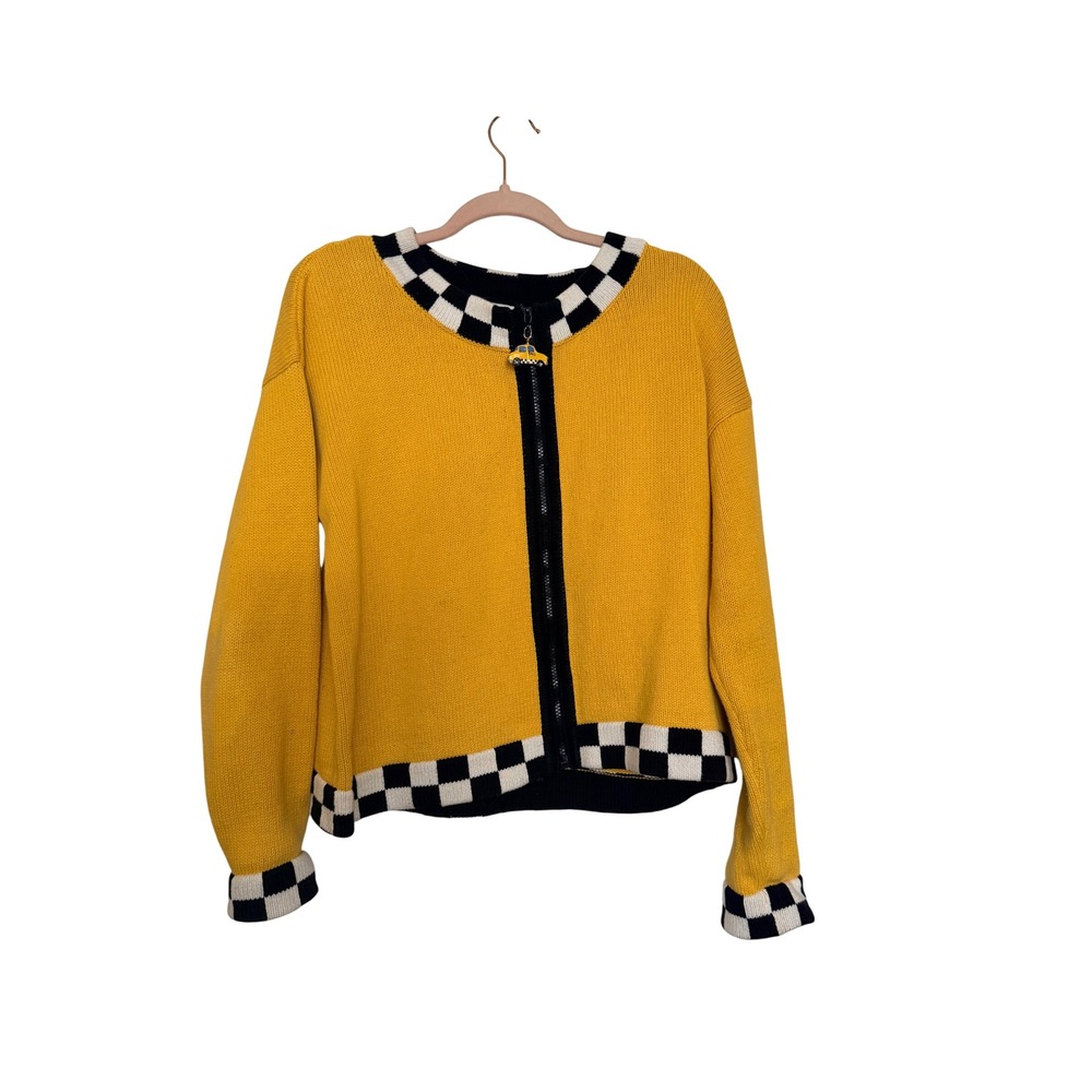 Coldwater Creek Women Cardigan Yellow Taxi Checkerboard Zip Sweater M